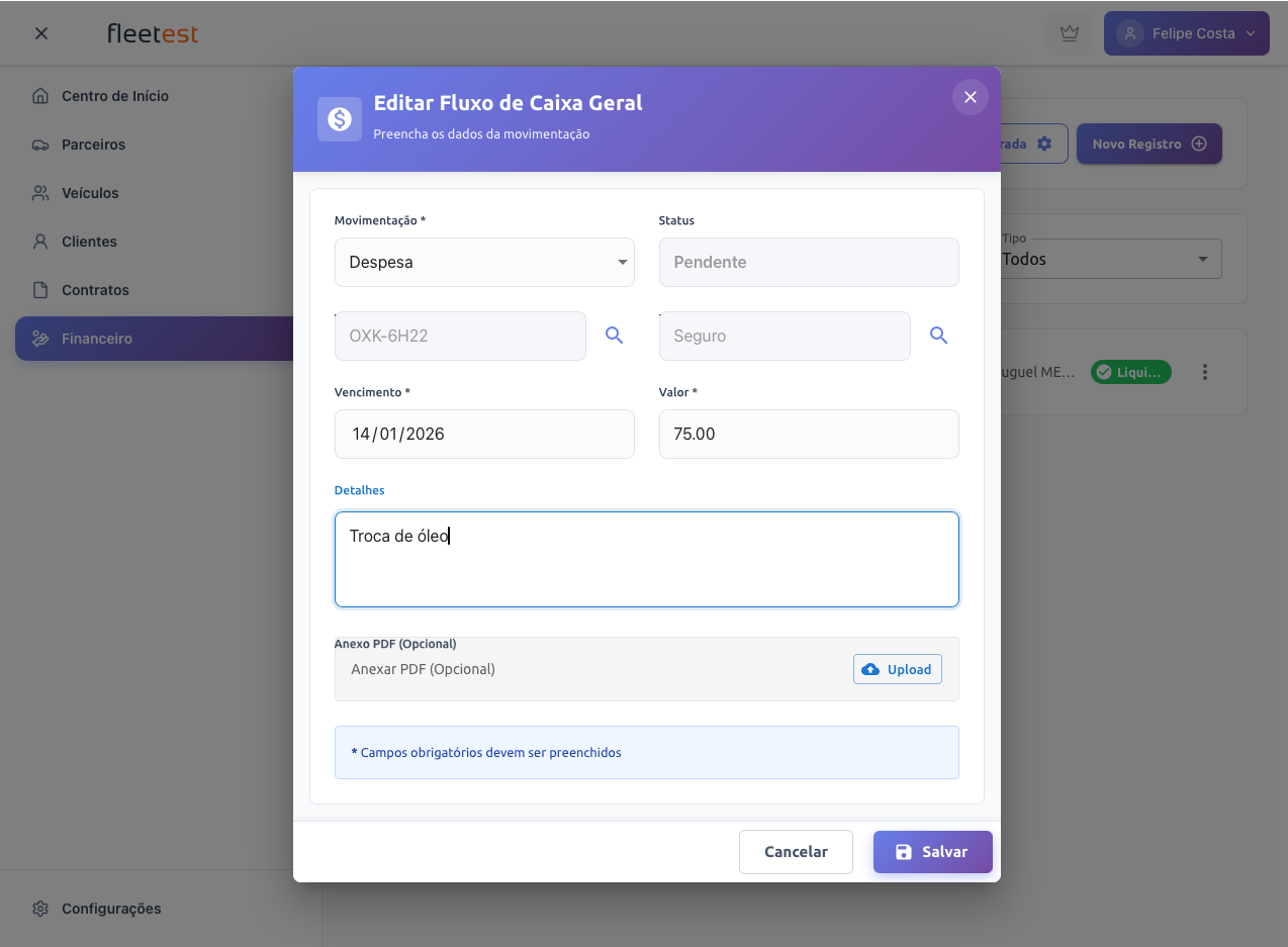 Criar Movimentação